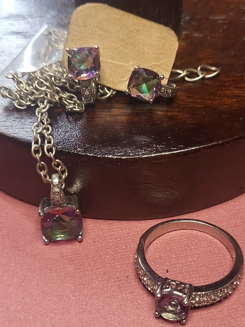 Mystic Topaz-Effect Silver Necklace & Ring Set - Purple-Green